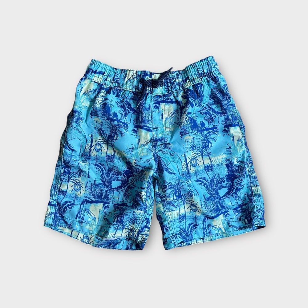 Joe Fresh Tropical Palm Tree Insect Dinosaur Pattern Blue Swim Trunk